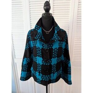 Eccoci Wool/Cashmere Jacket Womens 10 Turquoise Black Plaid Double Breasted Chic